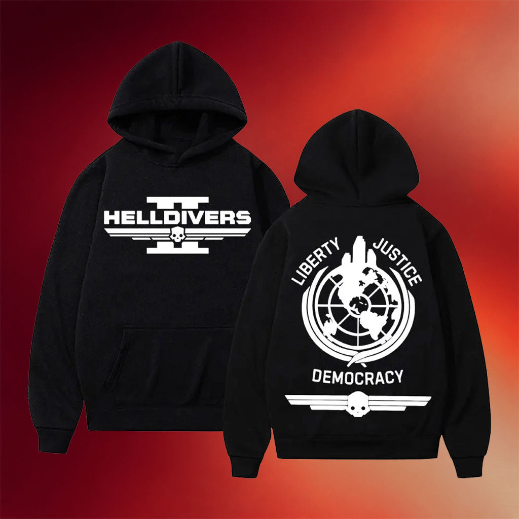 Helldivers Merch 2026 Liberty Justice Democracy Emblem Hoodie Black Gift For Video Game Lovers - Merchluma