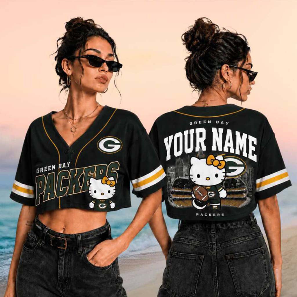 Custom Green Bay Packers Hello Kitty Football Crop Baseball Jersey Packers Merch Gifts For Fans - Merchluma