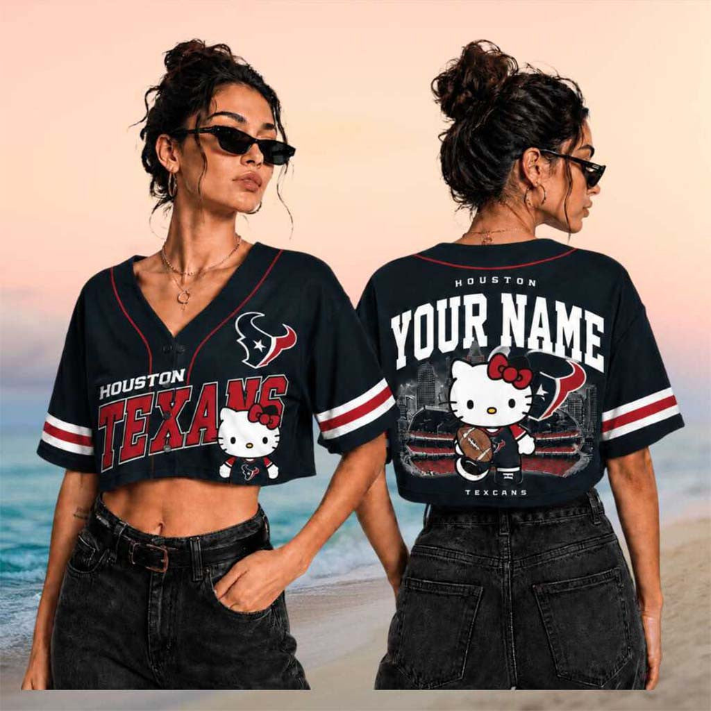 Custom Houston Texans x Hello Kitty Football Crop Baseball Jersey Texans Merch Sister Gifts - Merchluma