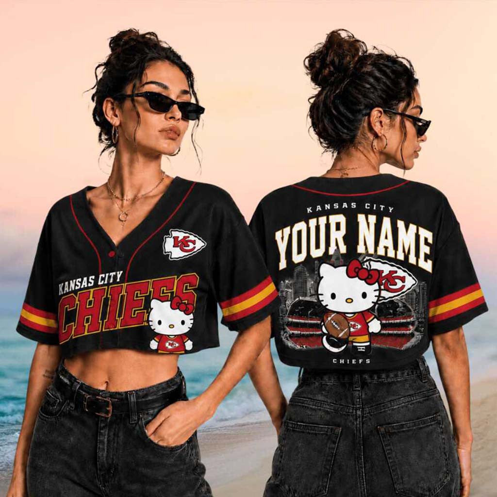 Personalized Kansas City Chiefs x Hello Kitty Football Crop Baseball Jersey Chiefs Merch Fan Gifts - Merchluma