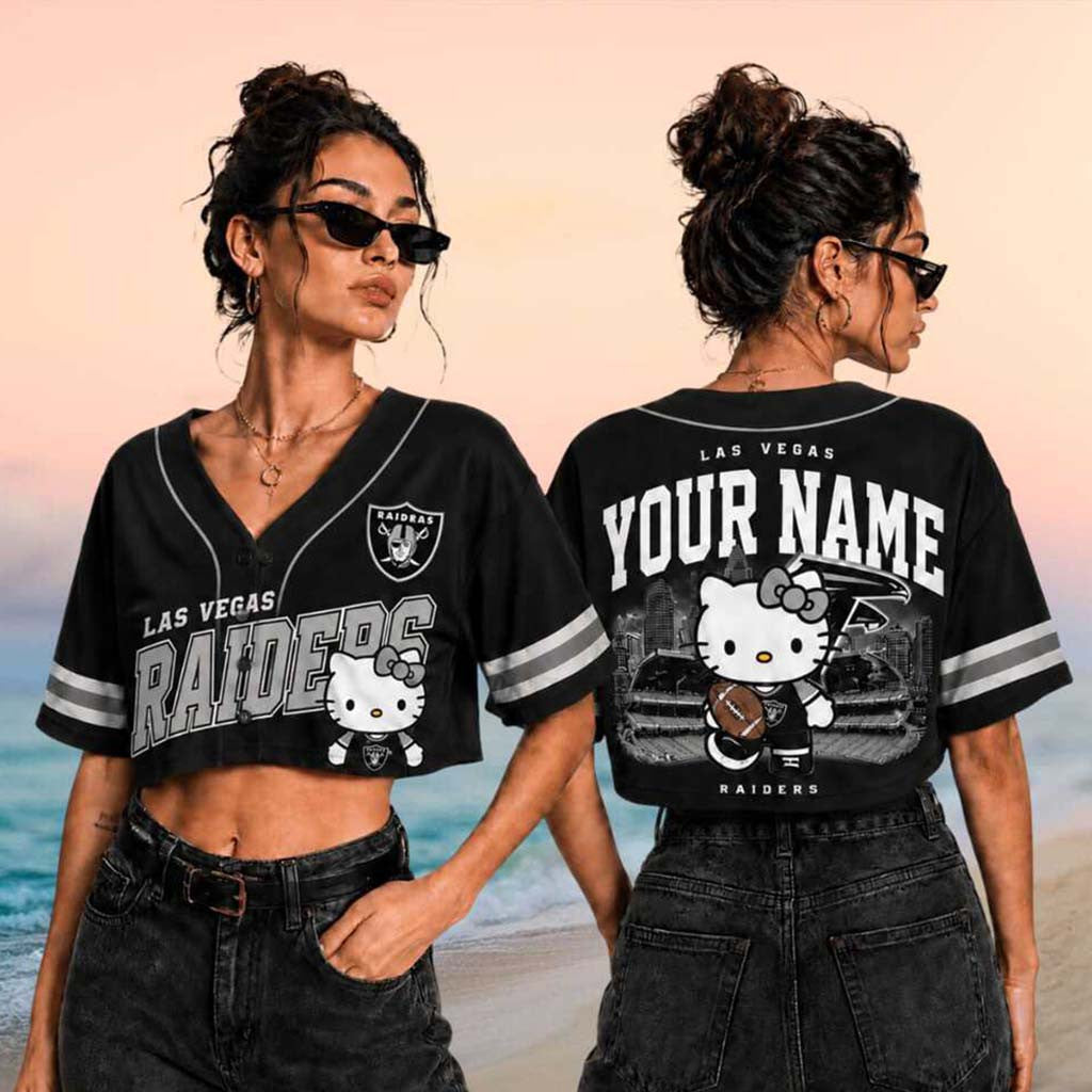 Personalized Las Vegas Raiders x Hello Kitty Football Crop Baseball Jersey Raiders Merch Gifts - Merchluma