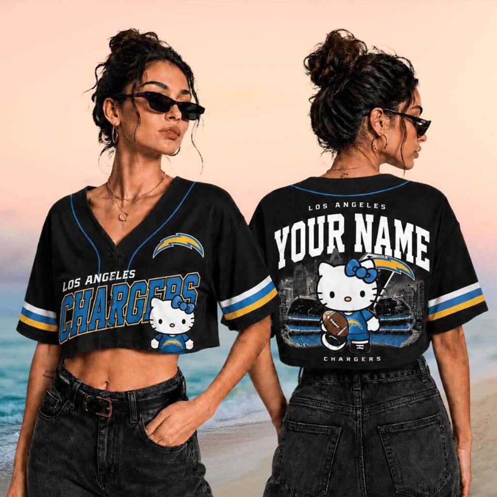 Personalized Los Angeles Chargers x Hello Kitty Football Crop Baseball Jersey Chargers Merch - Merchluma