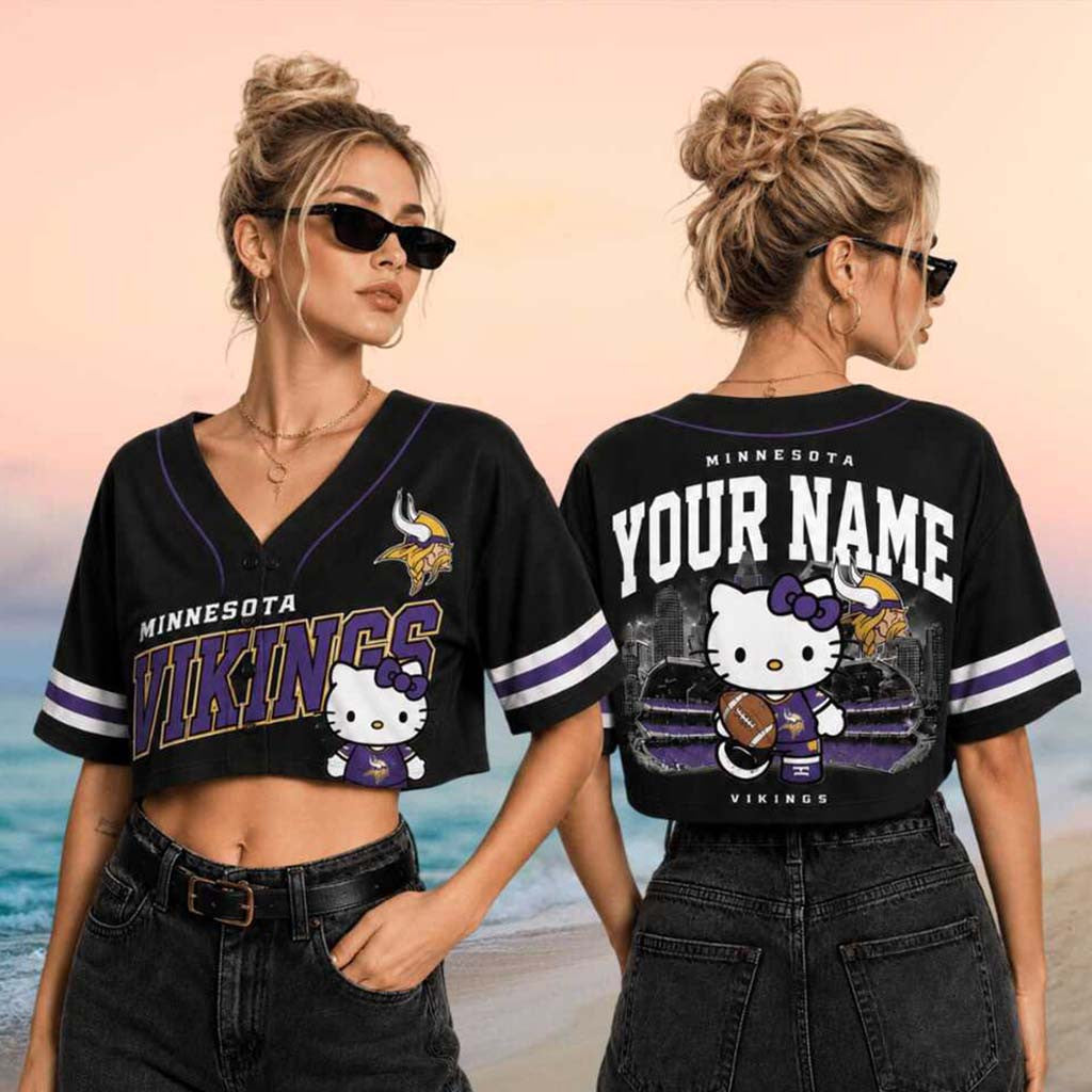 Personalized Minnesota Vikings x Hello Kitty Football Crop Baseball Jersey Vikings Merch Women - Merchluma
