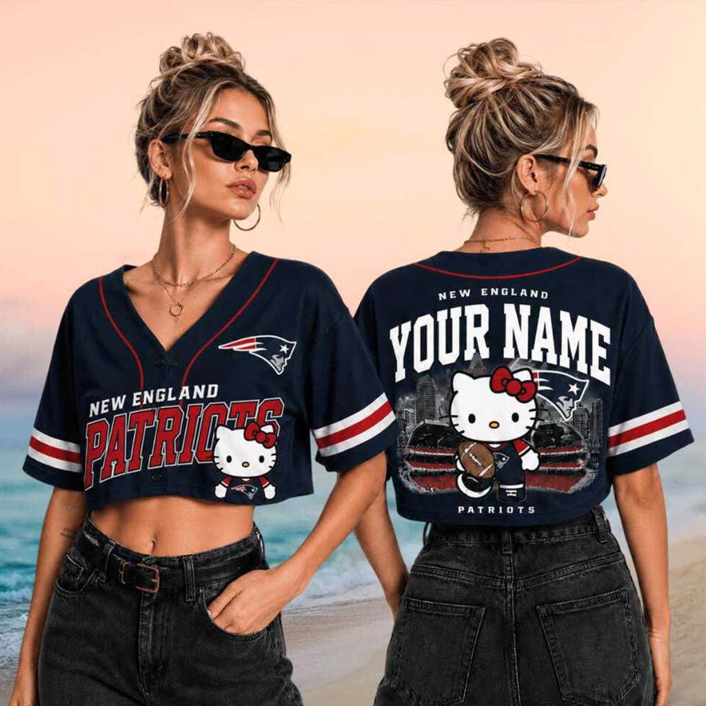 Personalized New England Patriots x Hello Kitty Football Crop Baseball Jersey Patriots Merch - Merchluma