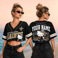 Personalized New Orleans Saints x Hello Kitty Football Crop Baseball Jersey Saints Merch Women - Merchluma