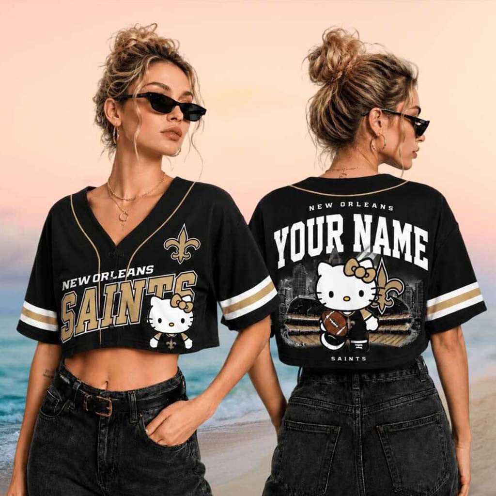 Personalized New Orleans Saints x Hello Kitty Football Crop Baseball Jersey Saints Merch Women - Merchluma