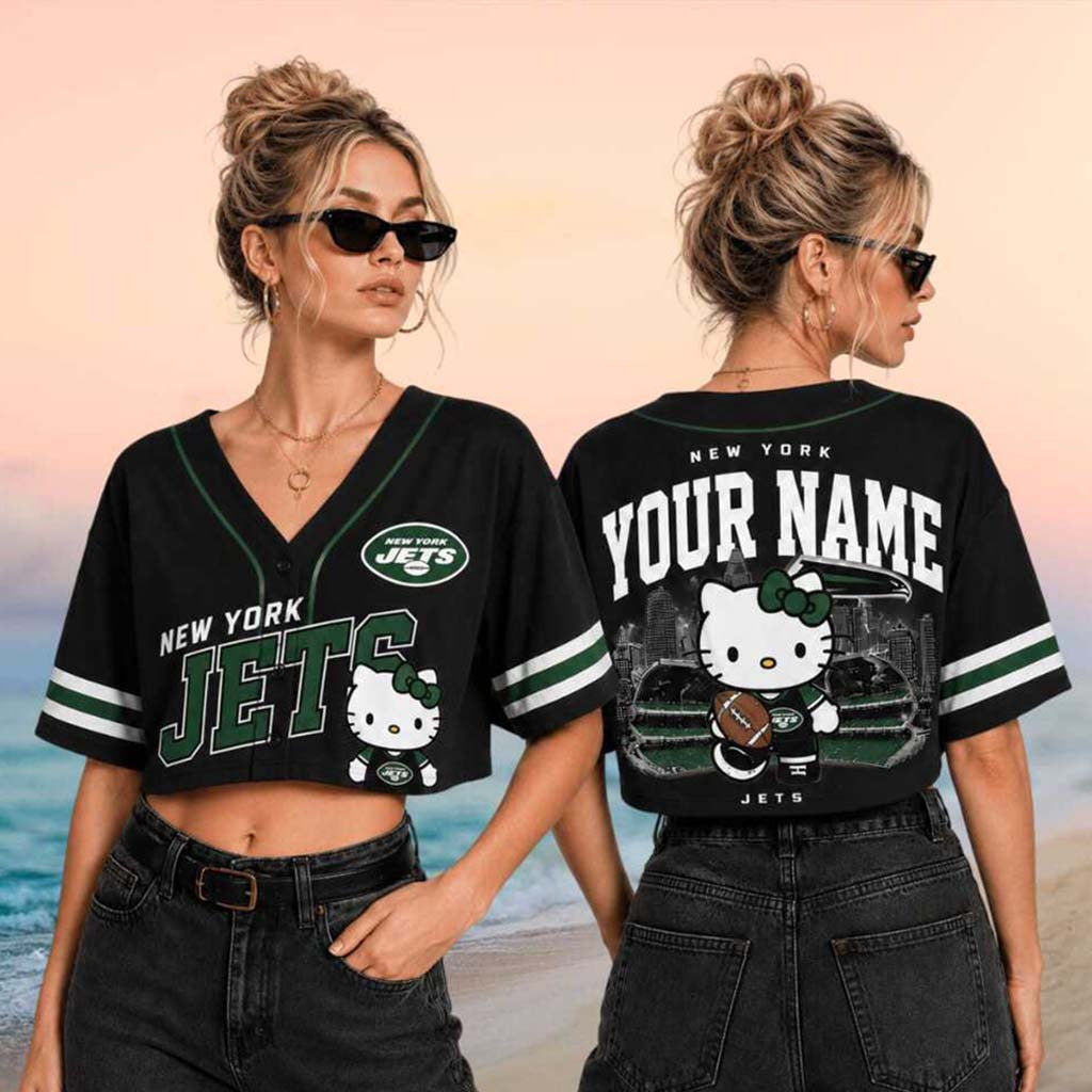Personalized New York Jets x Hello Kitty Football Crop Baseball Jersey Jets Merch Women - Merchluma