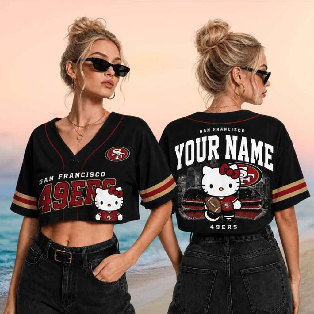 Personalized San Francisco 49ers x Hello Kitty Football Crop Baseball Jersey 49ers Merch - Merchluma