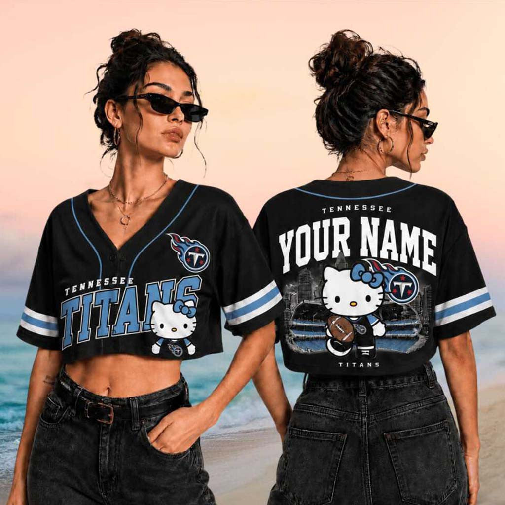 Personalized Tennessee Titans x Hello Kitty Football Crop Baseball Jersey Titans Merch Women - Merchluma