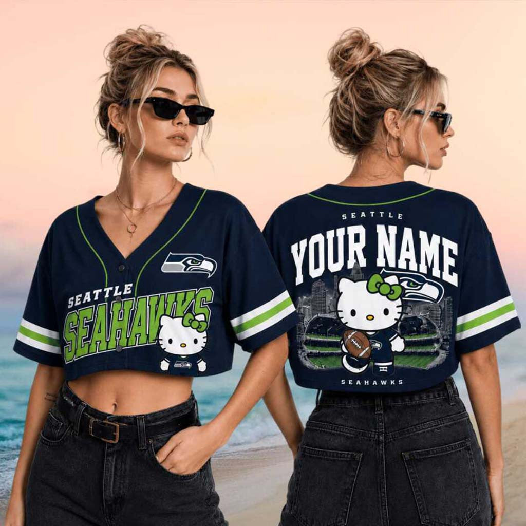Personalized Seattle Seahawks x Hello Kitty Football Crop Baseball Jersey Seahawks Merch Gifts - Merchluma