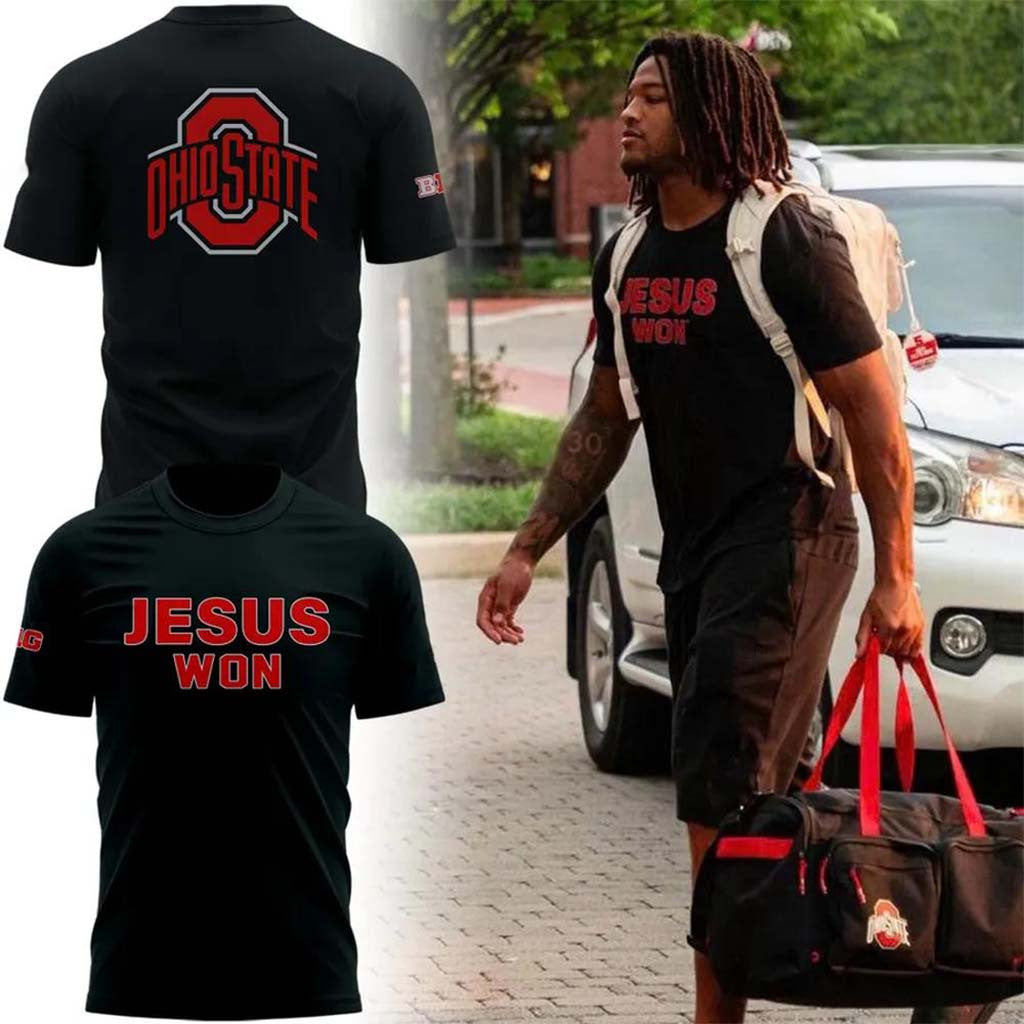 Ohio State Buckeyes Jesus Won Black T-Shirt Christian Based Shirt Buckeyes Merch Fan Gifts - Merchluma