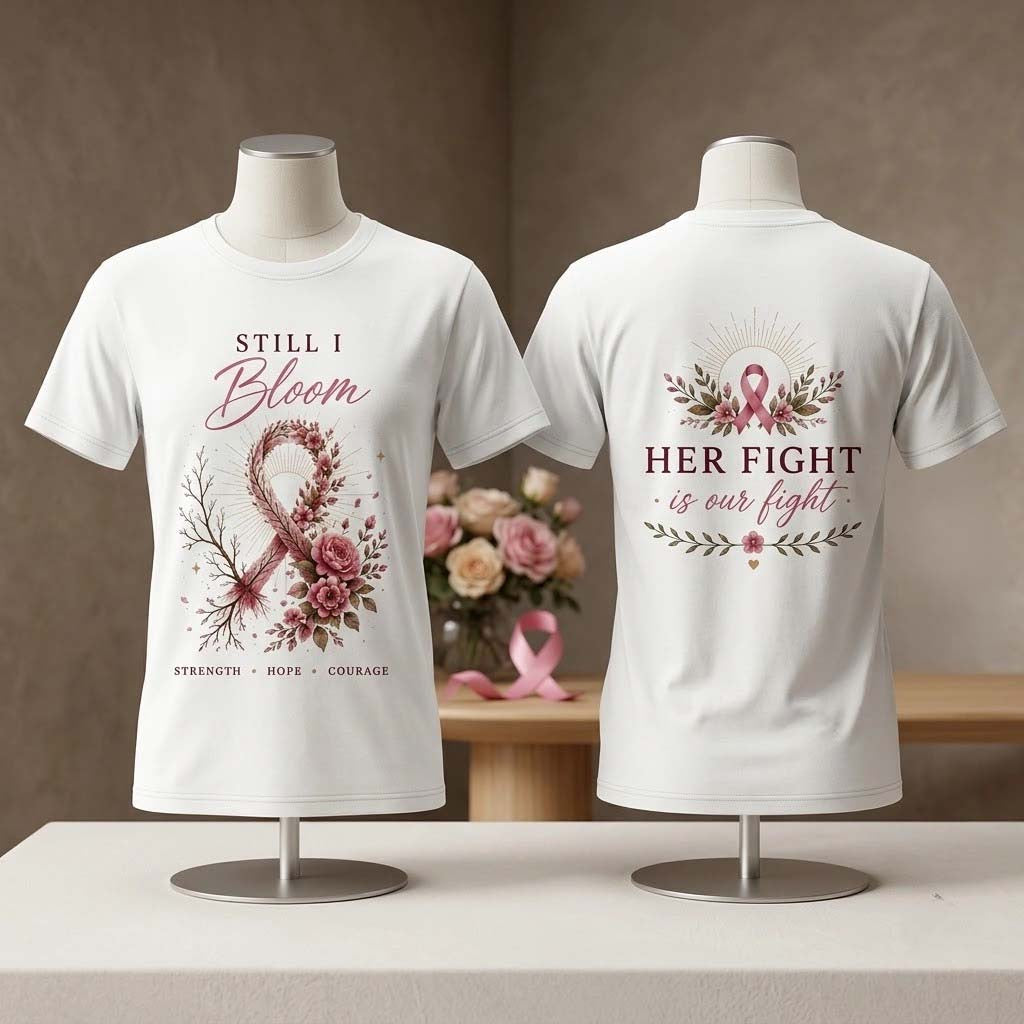 Breast Cancer Awareness Survivor Pink Ribbon Graphic Shirt Still I Bloom Her Fight Is Our Fight - Merchluma
