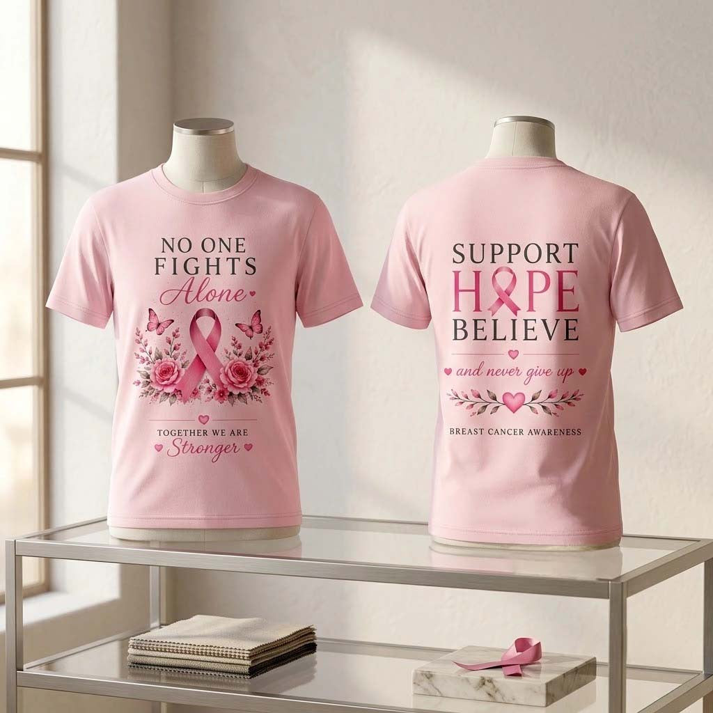 Breast Cancer Awareness No One Fights Alone Shirt Pink Ribbon Floral T-Shirt Gifts For Her - Merchluma