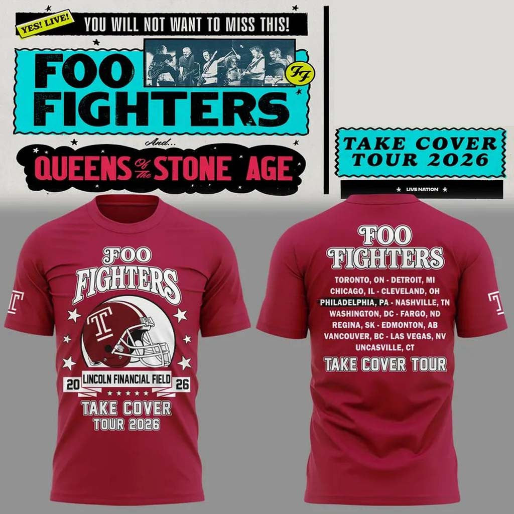 Foo Fighters X Temple Owls Football Take Cover Tour 2026 T-Shirt Foo Fighters Concert Merch - Merchluma