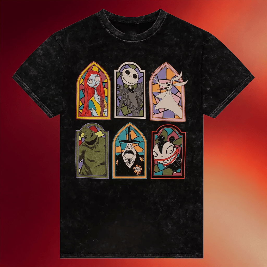 The Nightmare Merch The Nightmare Before Christmas Stained Glass Character Frames Wash T-Shirt - Merchluma