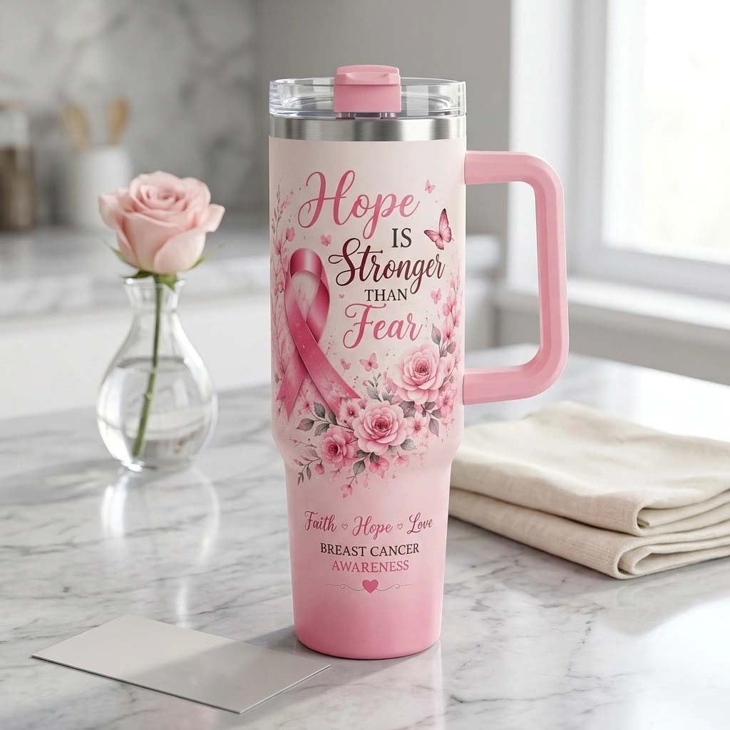 Breast Cancer Awareness Survivor Pink Ribbon Tumbler Hope Is Stronger Than Fear Cup Her Gifts - Merchluma