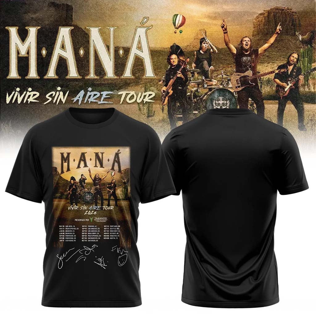 Mana Merch 2026 Vivir Sin Aire Tour T-Shirt Black Gifts For Pop Band Fans - Merchluma