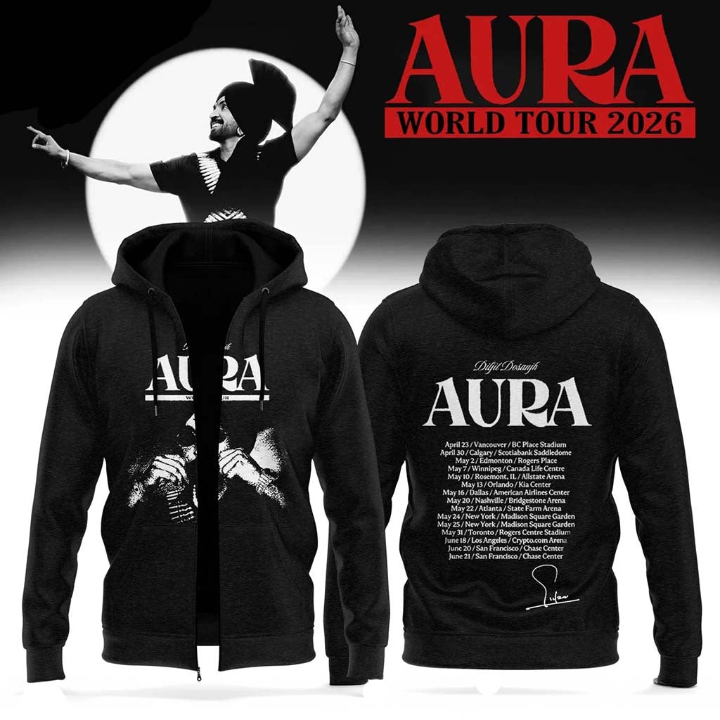 Diljit Dosanjh Merch AURA World Tour Signature Zip Hoodie Gifts For Music Lovers - Merchluma