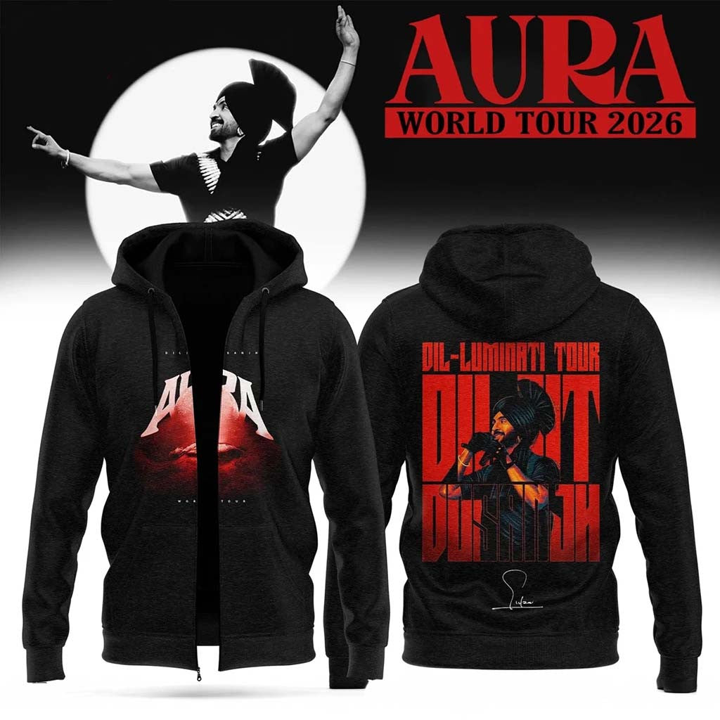 Diljit Dosanjh Merchandise AURA World Tour Signature Zip Hoodie Music Fan Clothing - Merchluma