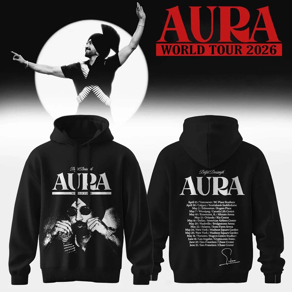 Diljit Dosanjh Merch AURA World Tour Signature Hoodie Black Best Gifts For Brother - Merchluma