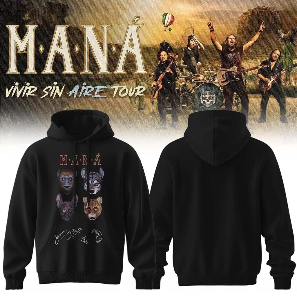 Mana Merch 2026 Vivir Sin Aire Tour Hoodie Black Music Related Gifts For Guys - Merchluma
