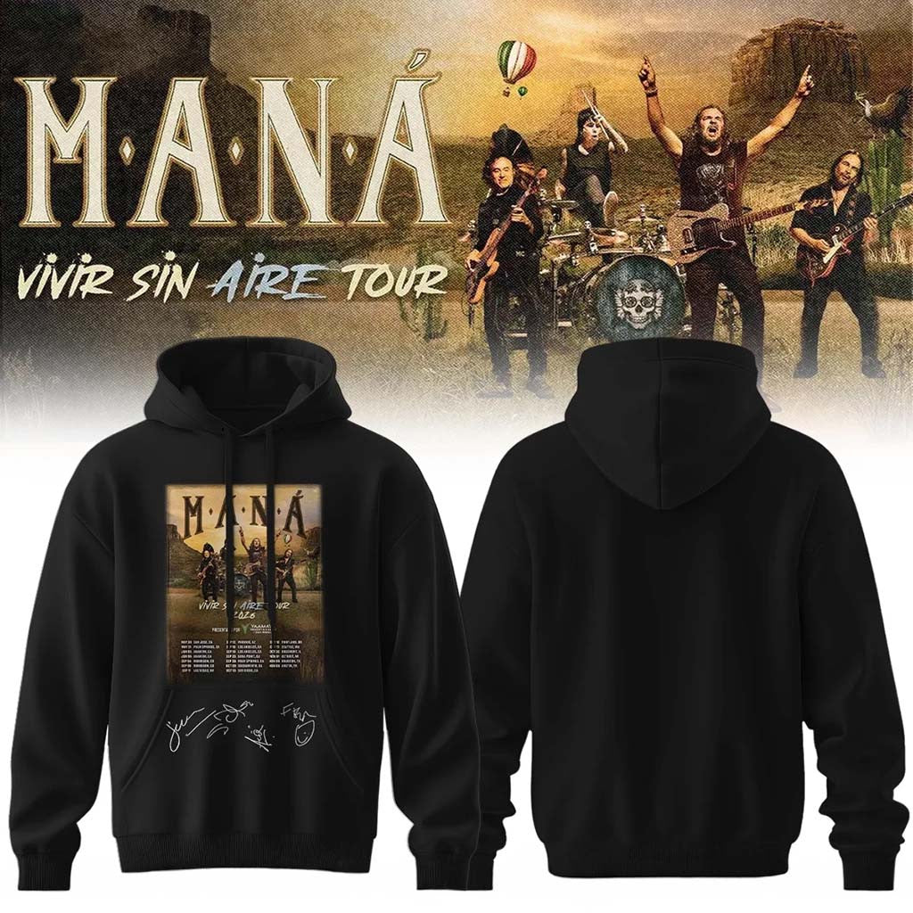 Mana Merch 2026 Vivir Sin Aire Tour Hoodie Black Presents For Pop Lovers - Merchluma