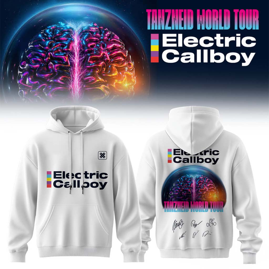 Electric Callboy Merch Tanzneid World Tour Globe Brain White Hoodie Best Gifts For Music Lovers - Merchluma