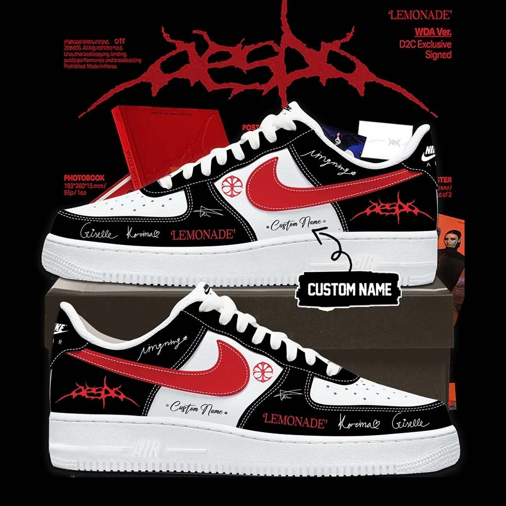 Customized Aespa LEMONADE Black White Sneakers Aespa Merchandise Unique Gifts For Kpop Lovers - Merchluma