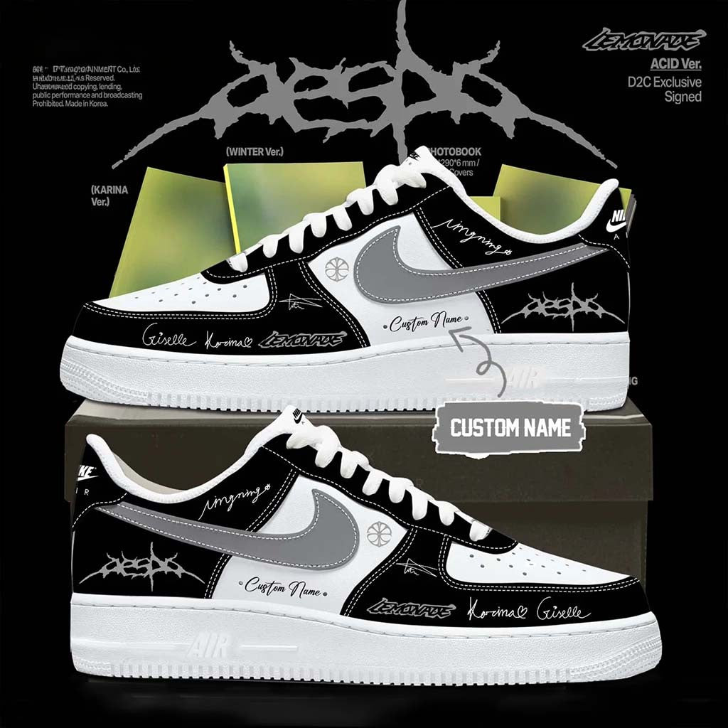 Customized Aespa LEMONADE Black White Sneakers Aespa Merchandise Unique Gifts For Music Lovers - Merchluma