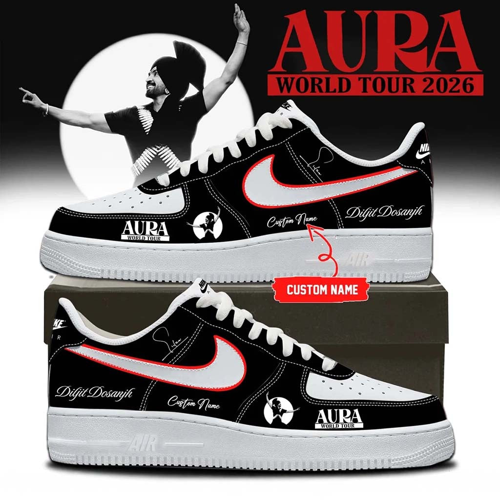Personalized Diljit Dosanjh Merch AURA World Tour Signature Black Sneakers Gift Ideas For Fan - Merchluma