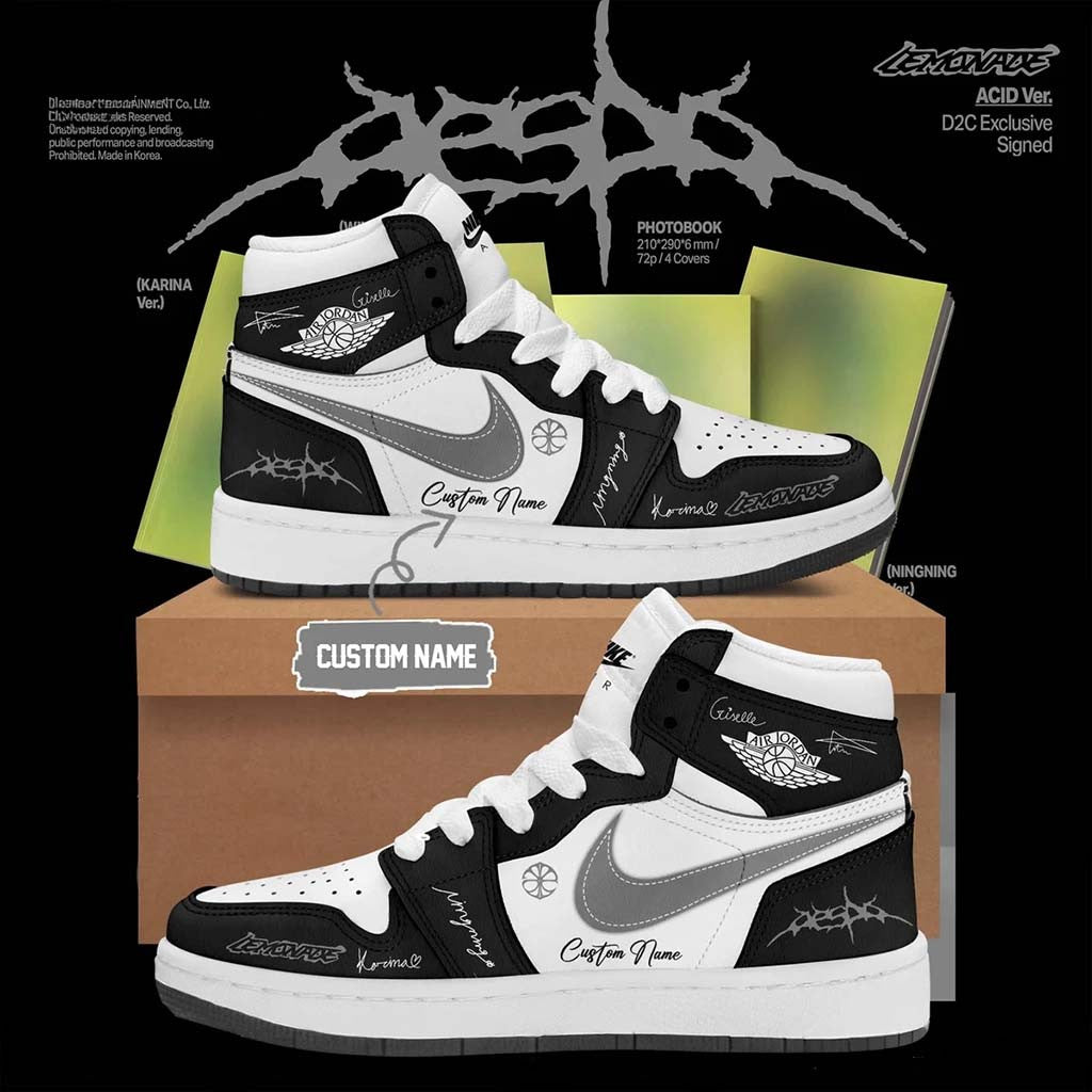 Custom Aespa LEMONADE Black White Sneakers Aespa Merchandise Best Birthday Gift For Sister - Merchluma