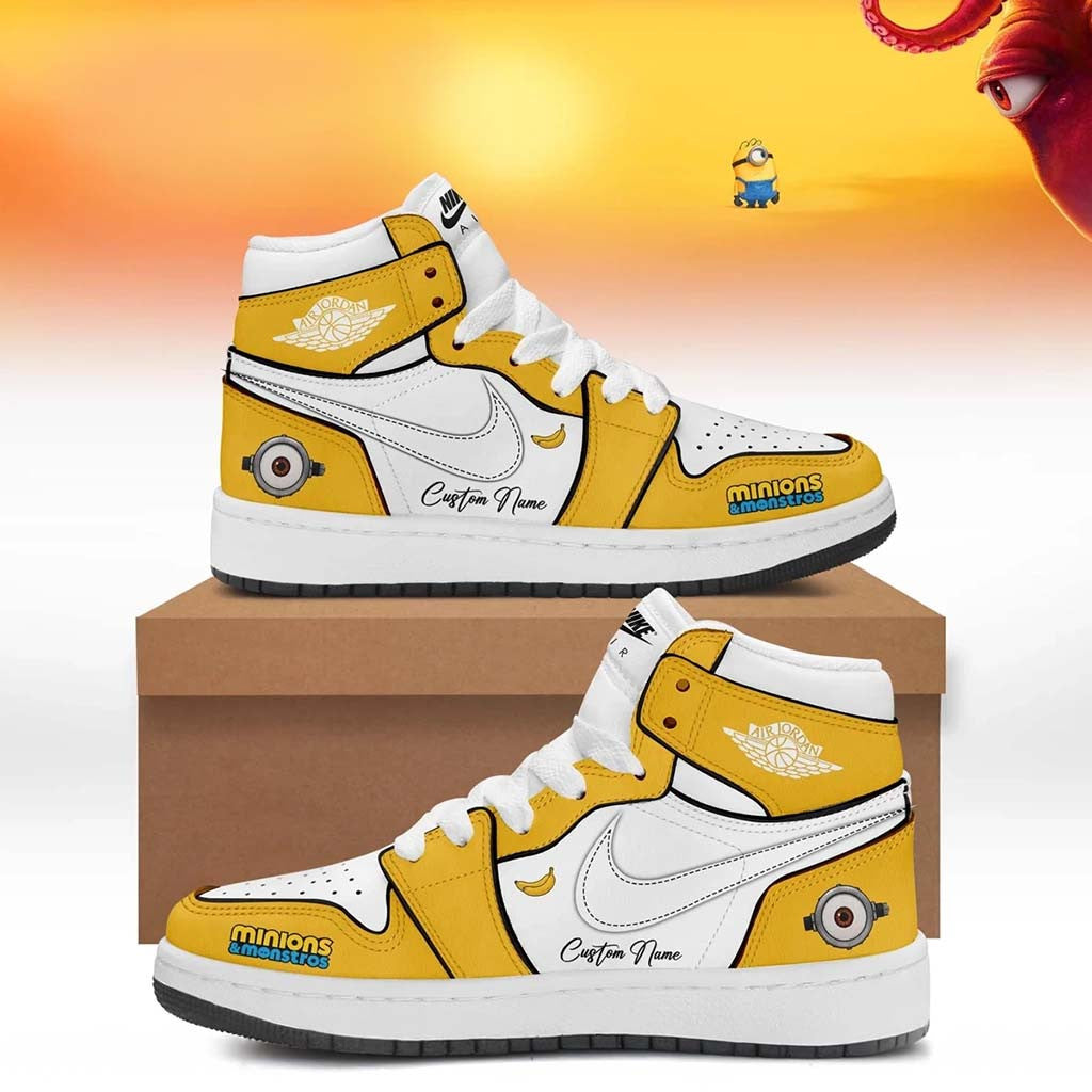 Personalized Minions x Monsters Gold And White Sneakers Cute Minions Merch Cartoon Lovers Gifts - Merchluma