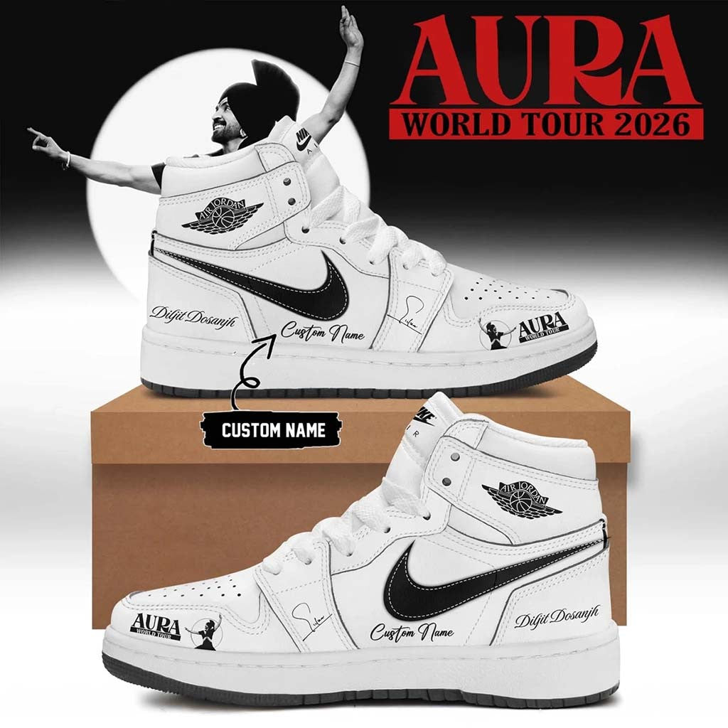 Personalized Diljit Dosanjh Merch AURA World Tour Signature White Sneakers Gift For Son - Merchluma