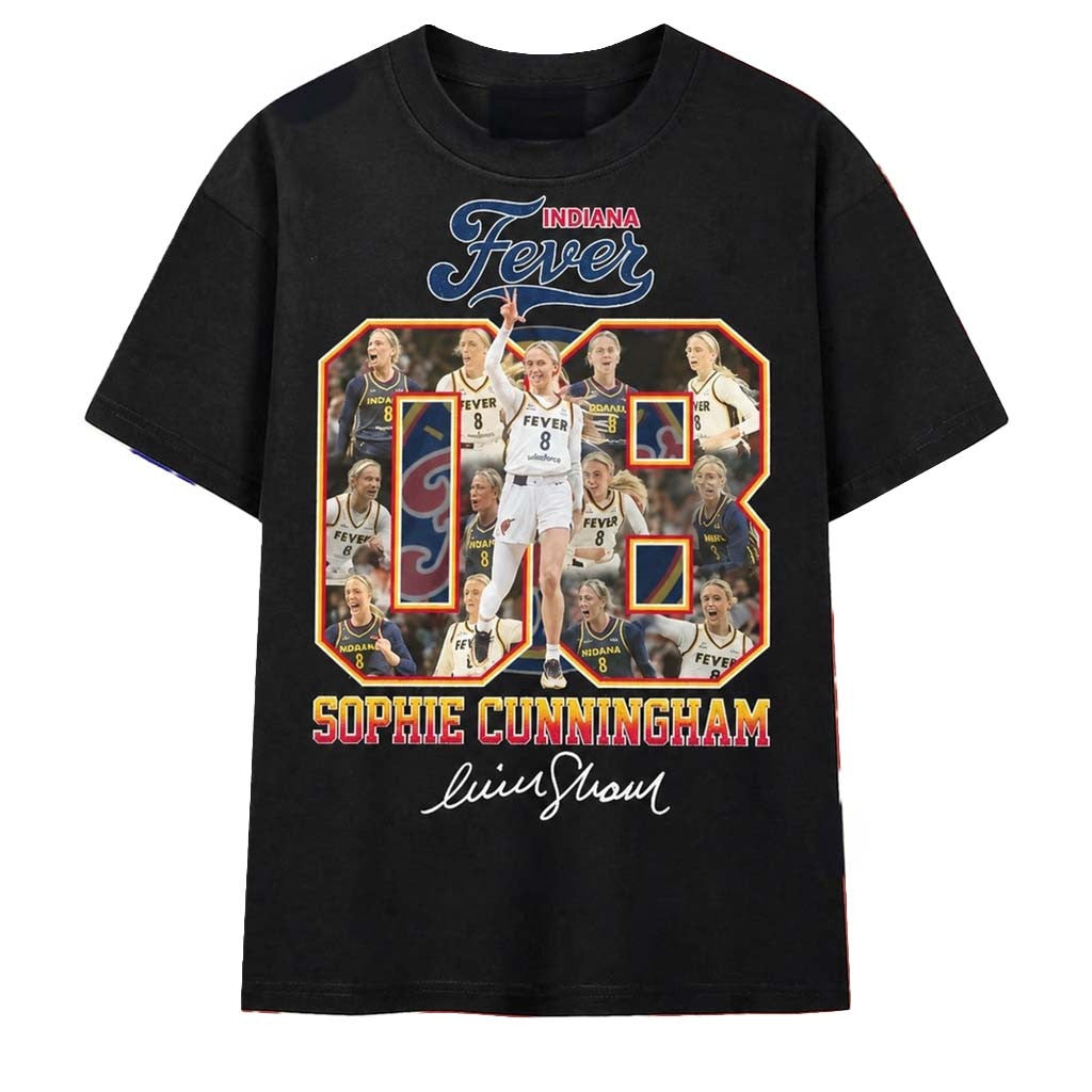 Sophie Cunningham #8 Indiana Fever Signature Number Collage T-Shirt Sophie Cunningham Merch - Merchluma