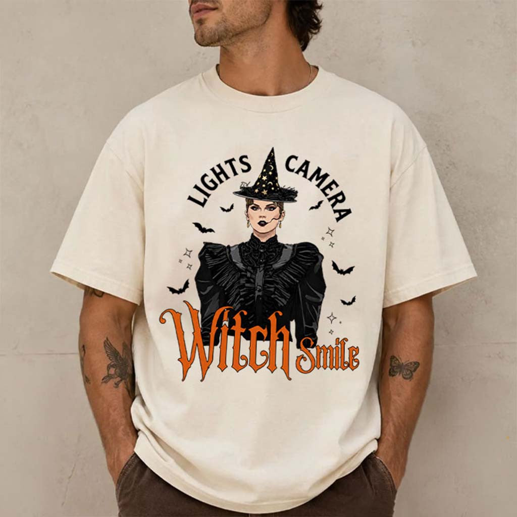 TS Lights Camera Witch Smile T-Shirt Funny Halloween Shirt Gift For Swifties - Merchluma