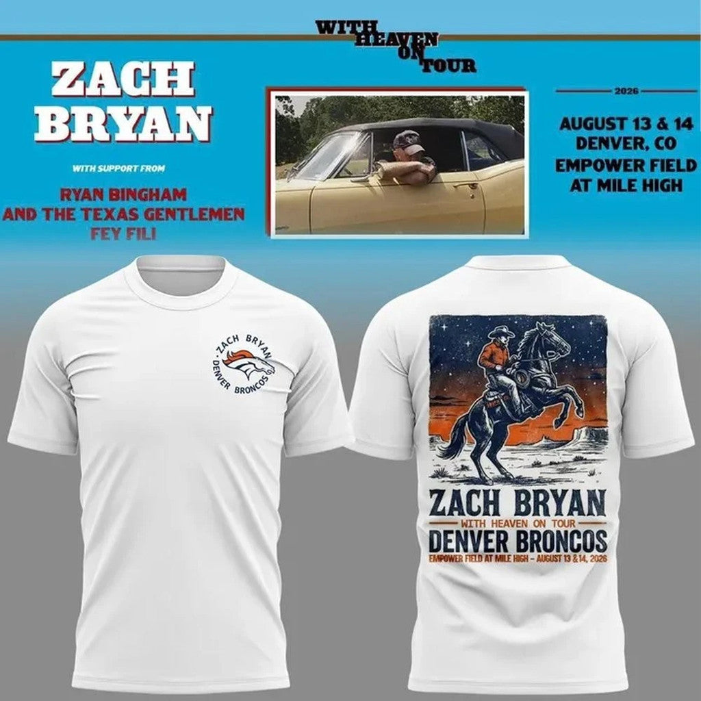 Zach Bryan X Denver Broncos Merch With Heaven On Tour 2026 Shirt At Mile High T-Shirt Fan Gear - Merchluma
