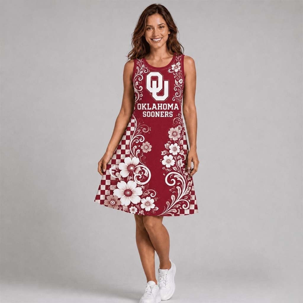 Oklahoma Sooners Sporty Floral Elegance Women's Sleeveless Dress Sooners Merch Wife Gifts - Merchluma