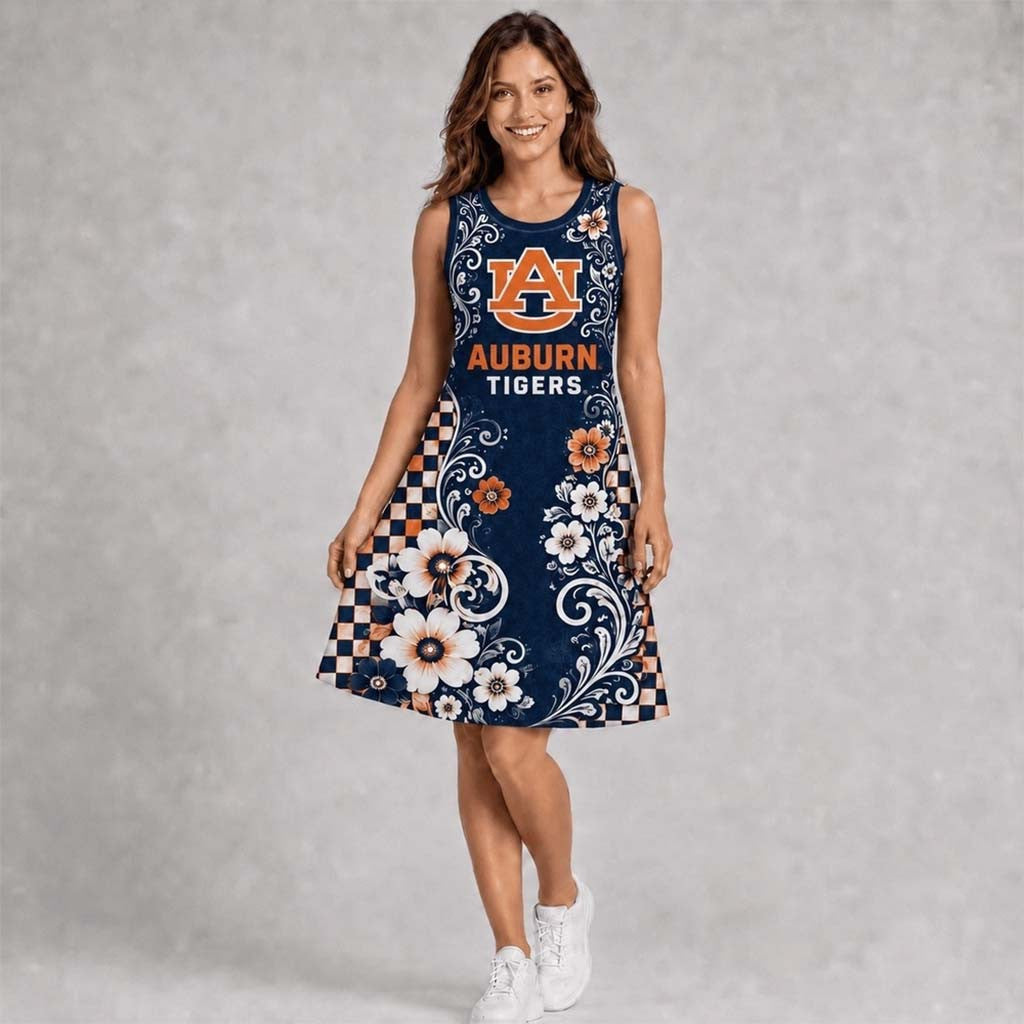 Auburn Tigers Sporty Floral Elegance Women's Sleeveless Dress Auburn Tigers Merch Wife Gifts - Merchluma