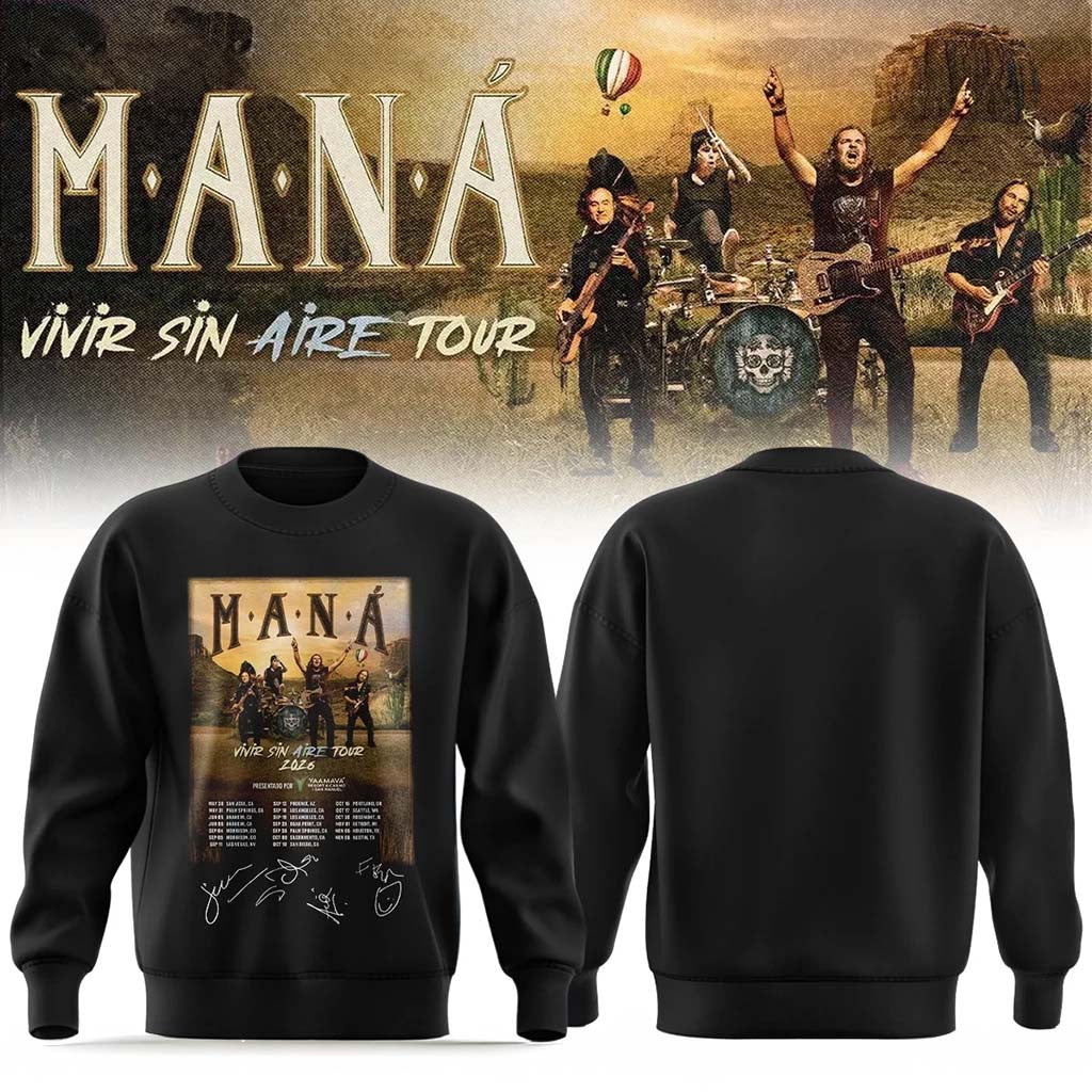 Mana Merch 2026 Vivir Sin Aire Tour Sweatshirt Black Best Gifts For Pop Band Fans - Merchluma