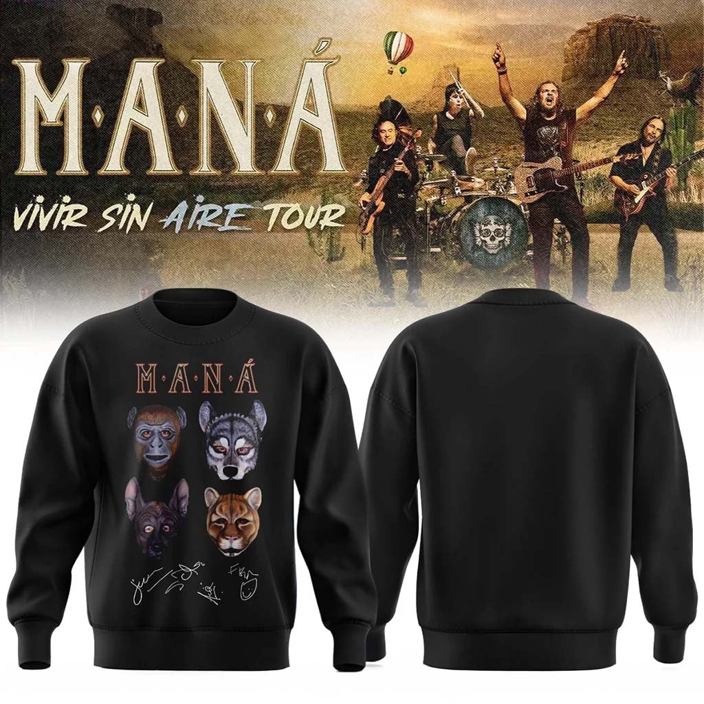 Mana Merch 2026 Vivir Sin Aire Tour Sweatshirt Black Birthday Gifts For Pop Lovers - Merchluma