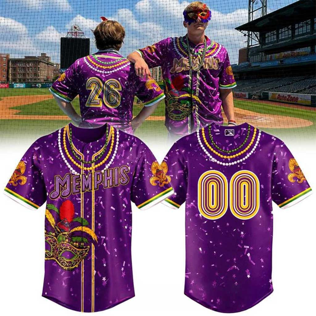 Custom Memphis Redbirds Mardi Gras Theme Night Sublimated Baseball Jersey Redbirds Merch - Merchluma