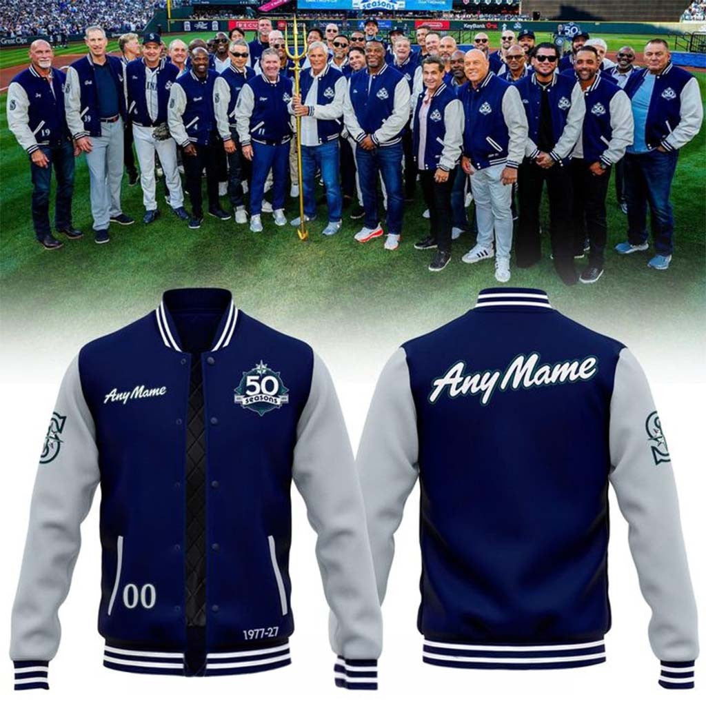 Personalized Seattle Mariners 50 Seasons 1977 27 Anniversary Varsity Jacket Mariners Merch - Merchluma
