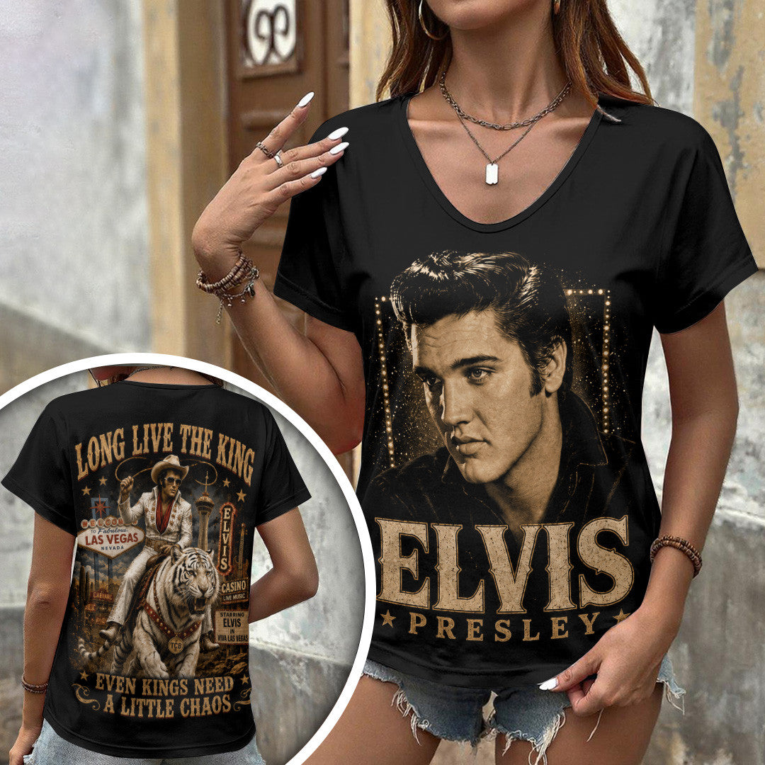 Elvis Presley Long Live The King Even Kings Need A Little Chaos V-Neck Shirt Elvis Presley Merch - Merchluma