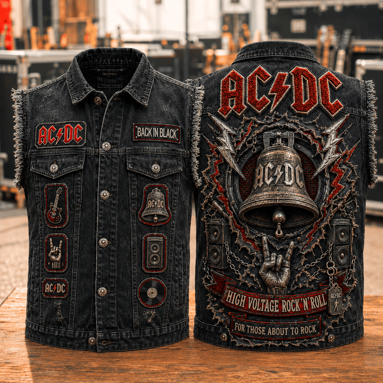 ACDC Back In Black Denim Vest High Voltage Rock N Roll ACDC Merch Gifts For Rock Fan - Merchluma