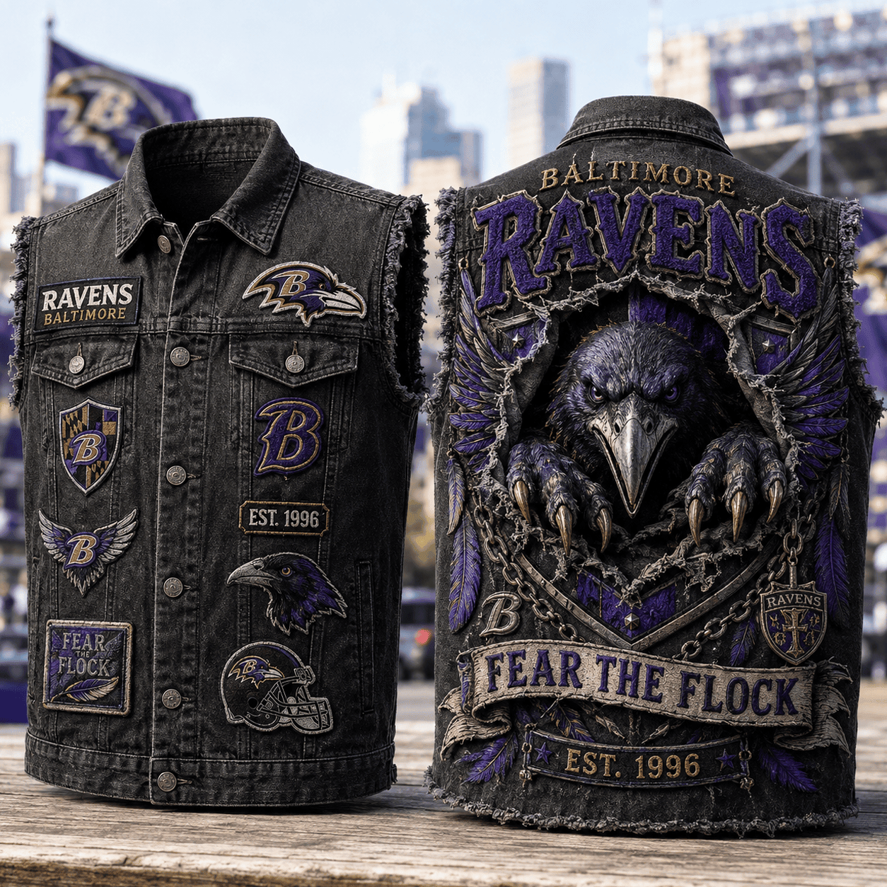 Baltimore Ravens Fear The Flock Est 1996 Denim Vest Ravens Merch Gifts For Brother - Merchluma