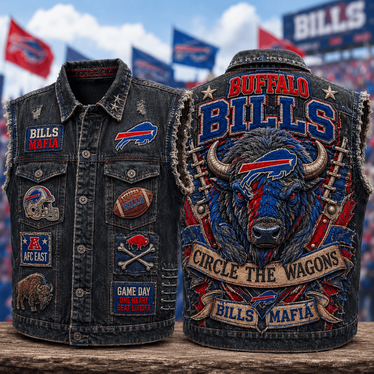 Buffalo Bills Circle The Wagons Denim Vest Bills Merch Presents For Football Fans - Merchluma