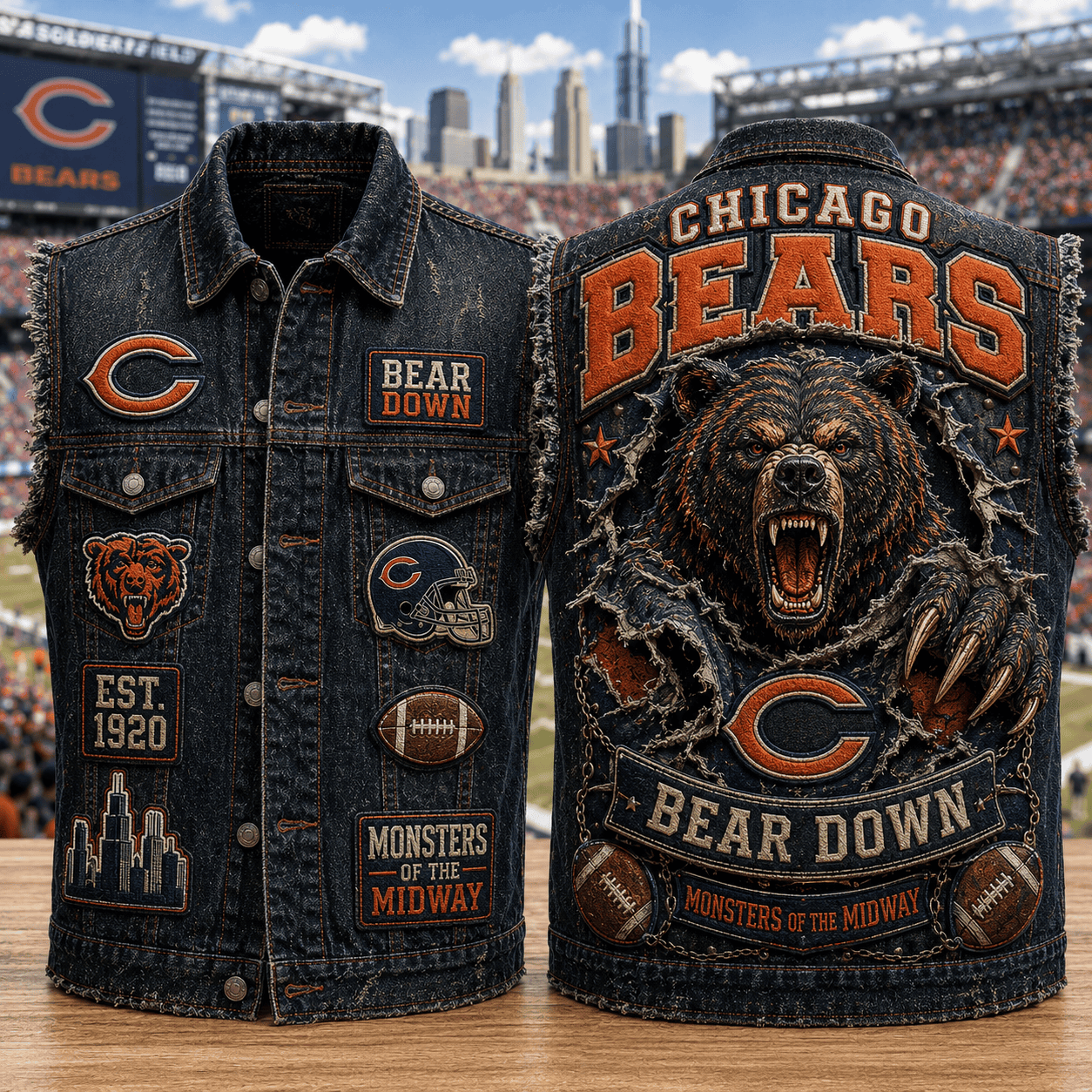 Chicago Bears Monsters Of The Midway Est 1920 Denim Vest Chicago Bears Merch Gifts For Fans - Merchluma