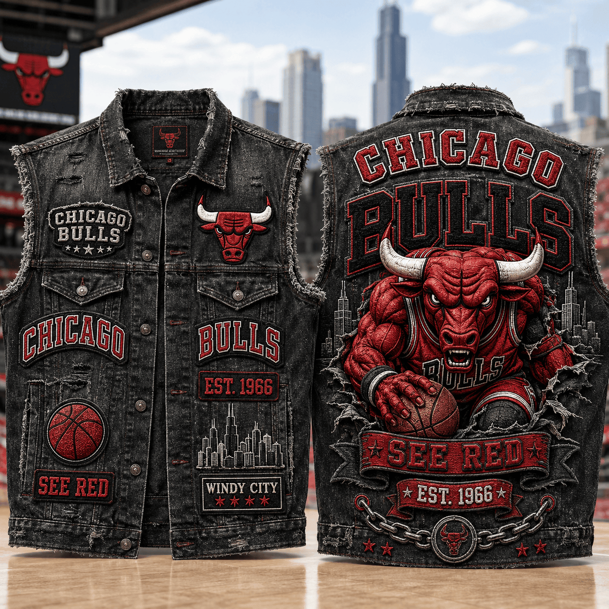 Chicago Bulls See Red Est 1966 Denim Vest Chicago Bulls Merch Cool Gift For Basketball Lovers - Merchluma