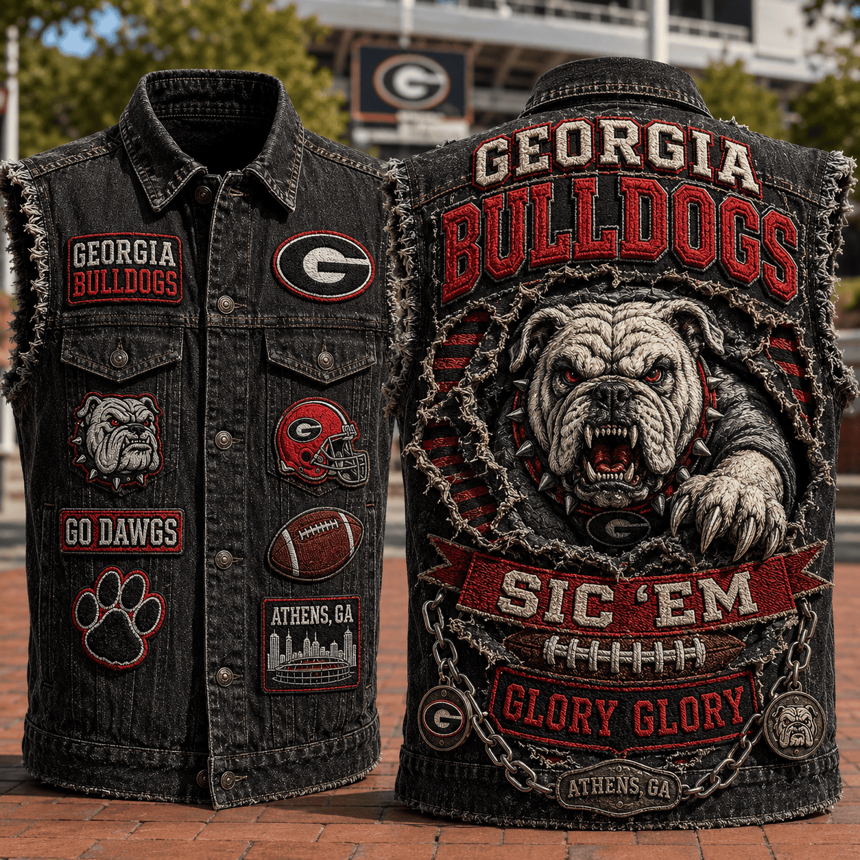 Georgia Bulldogs Sic Em Glory Glory Denim Vest Georgia Bulldogs Merch Gift For Football Lovers - Merchluma