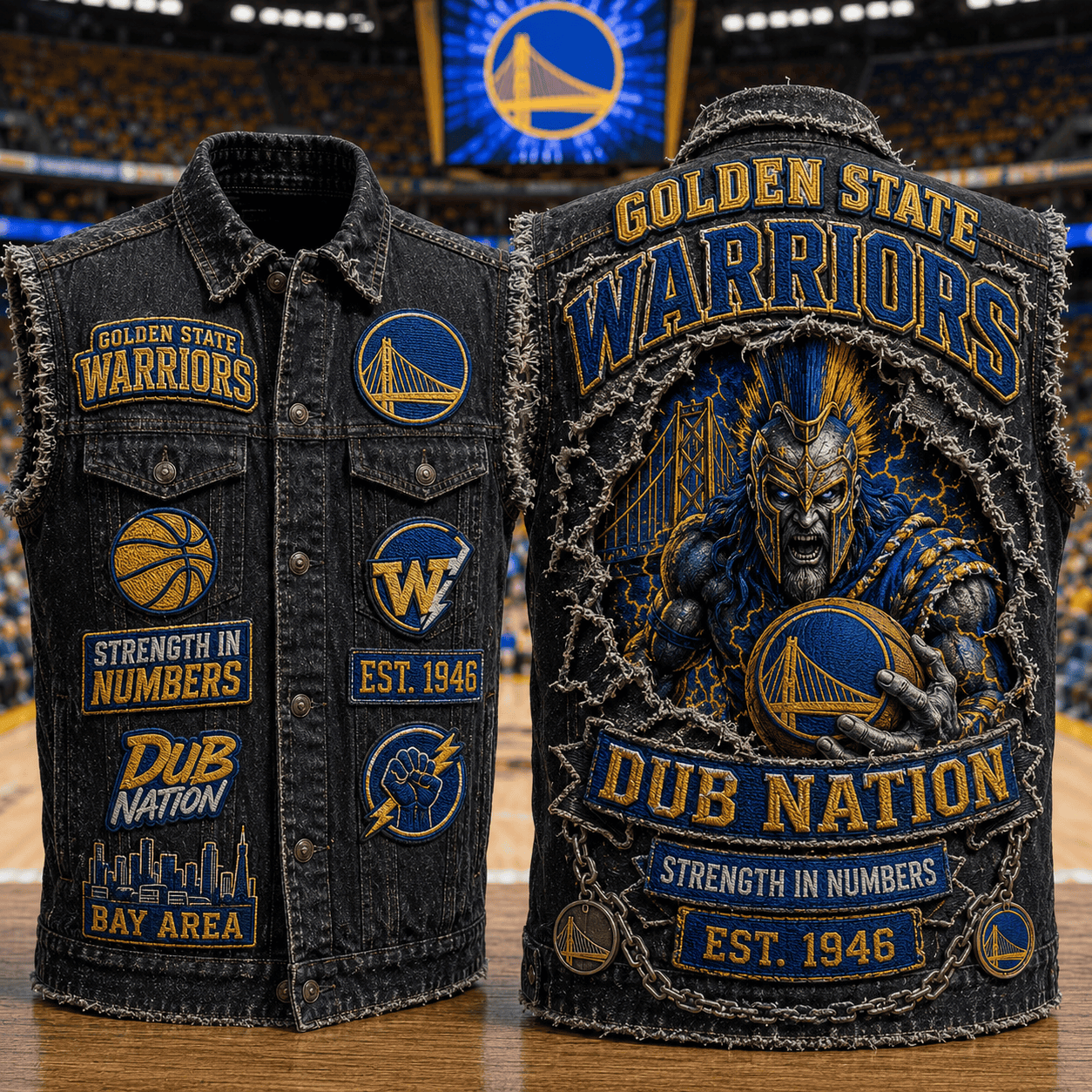 Golden State Warriors Merch Dub Nation Strength In Numbers Denim Vest Basketball Fan Apparel - Merchluma